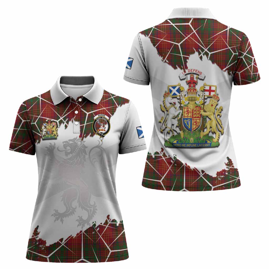 Burns Tartan Women Polo Shirt with Family Crest and Lion Rampant Grunge Style