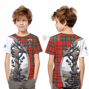 Butter Tartan Kid T-Shirt with Family Crest and St. Andrew's Cross Accented by Thistle Vines Youth XL Size14 - Tartan Vibes Clothing