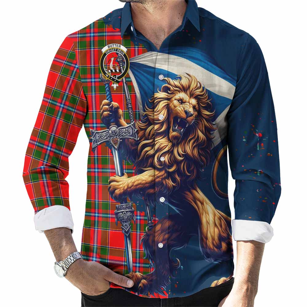 Butter Tartan Family Crest Long Sleeve Button Shirt with Scottish Majestic Lion Men's Shirt S - Tartan Vibes Clothing