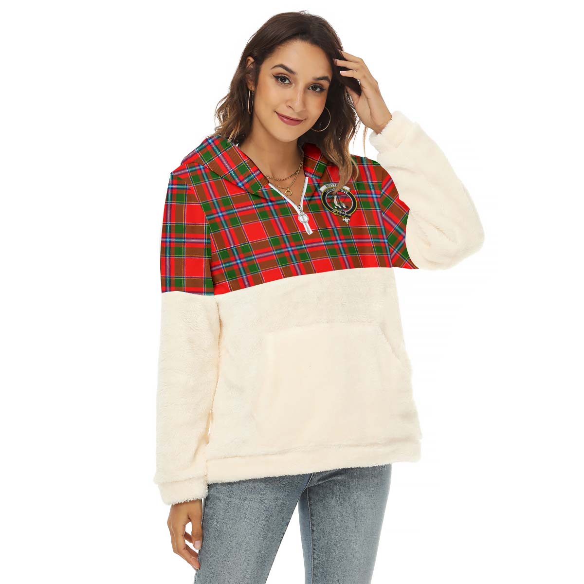 Butter Tartan Women's Borg Fleece Hoodie With Half Zip with Family Crest Female - Tartan Vibes Clothing