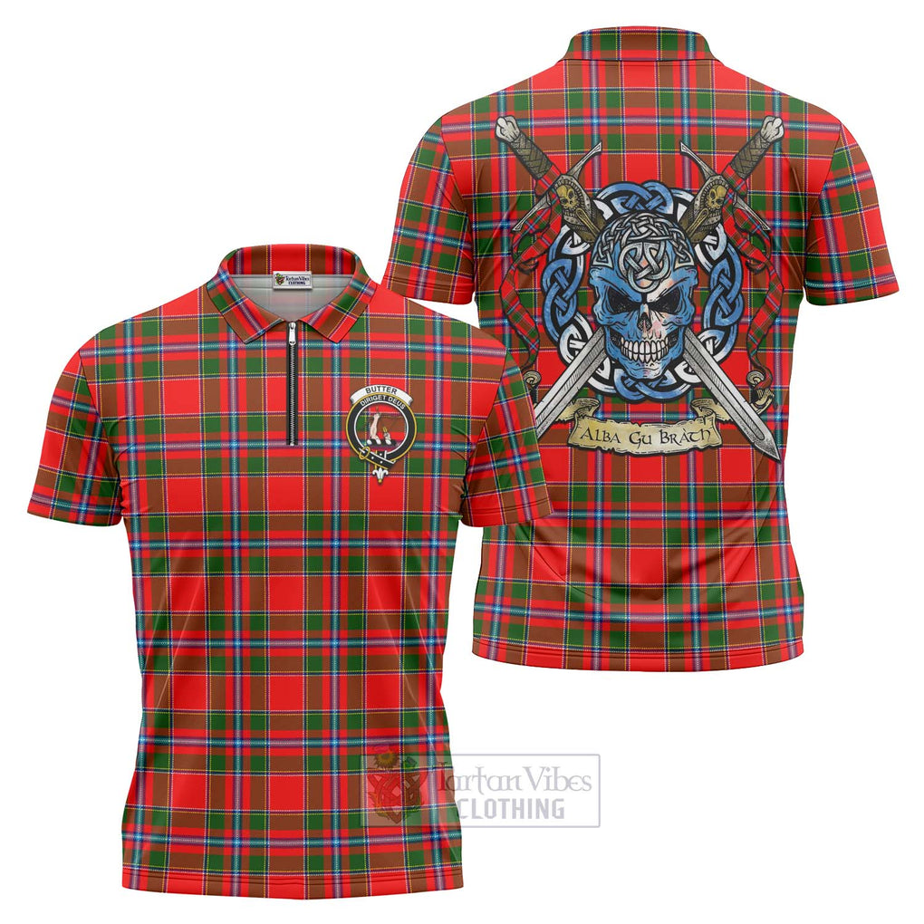Butter Tartan Zipper Polo Shirt with Family Crest Celtic Skull Style Unisex - Tartan Vibes Clothing