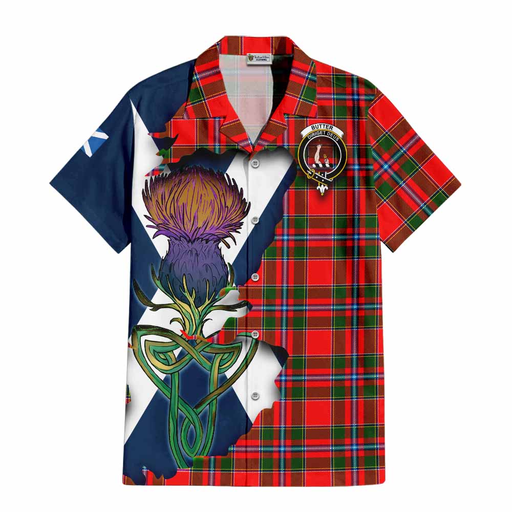 Tartan Vibes Clothing Butter Tartan Family Crest Short Sleeve Button Shirt Scottish Thistle Celtic Inspired