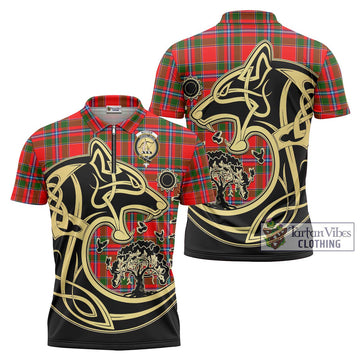 Butter Tartan Zipper Polo Shirt with Family Crest Celtic Wolf Style Unisex - Tartan Vibes Clothing