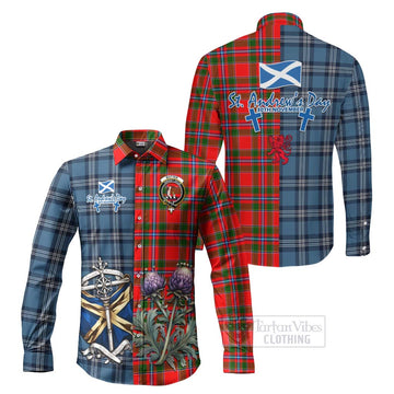 Butter Tartan Long Sleeve Button Shirt Happy St. Andrew's Day Half Tartan Style Men's Shirt S - Tartan Vibes Clothing