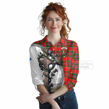 Butter Tartan Women's Casual Shirt with Family Crest and St. Andrew's Cross Accented by Thistle Vines Female - Tartan Vibes Clothing