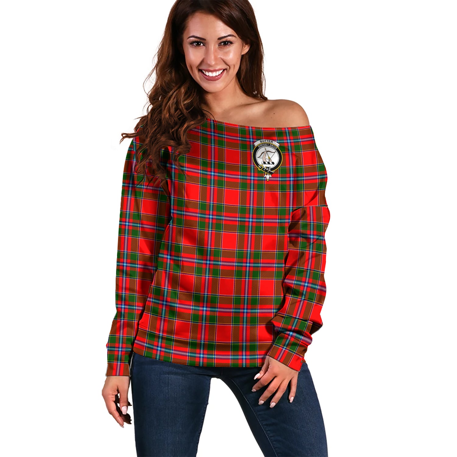 Butter Tartan Off Shoulder Women Sweater with Family Crest Women - Tartanvibesclothing