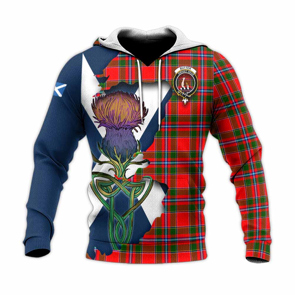 Tartan Vibes Clothing Butter Tartan Family Crest Knitted Hoodie Scottish Thistle Celtic Inspired