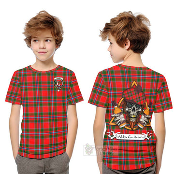 Butter Tartan Kid T-Shirt with Family Crest and Bearded Skull Holding Bottles of Whiskey Youth XL Size14 - Tartan Vibes Clothing