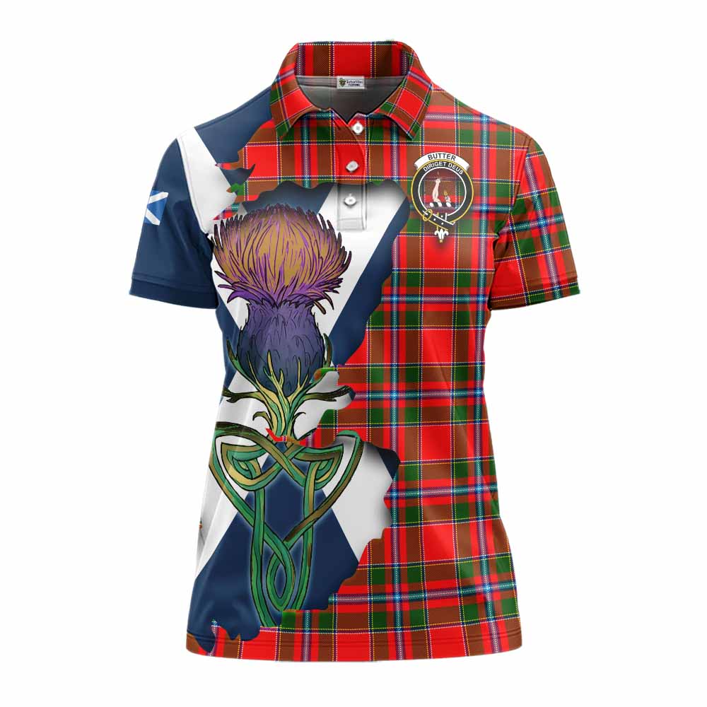 Tartan Vibes Clothing Butter Tartan Family Crest Women's Polo Shirt Scottish Thistle Celtic Inspired