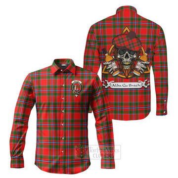 Butter Tartan Long Sleeve Button Shirt with Family Crest and Bearded Skull Holding Bottles of Whiskey Men's Shirt S - Tartan Vibes Clothing