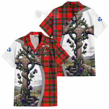 Butter Tartan Hawaiian Shirt with Family Crest and St. Andrew's Cross Accented by Thistle Vines Kid - Tartan Vibes Clothing
