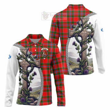 Butter Tartan Long Sleeve Polo Shirt with Family Crest and St. Andrew's Cross Accented by Thistle Vines Unisex - Tartan Vibes Clothing