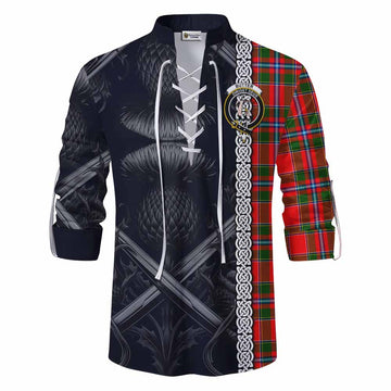 Butter Tartan Ghillie Kilt Shirt with Family Crest Cross Sword Thistle Celtic Vibes Men - Tartan Vibes Clothing