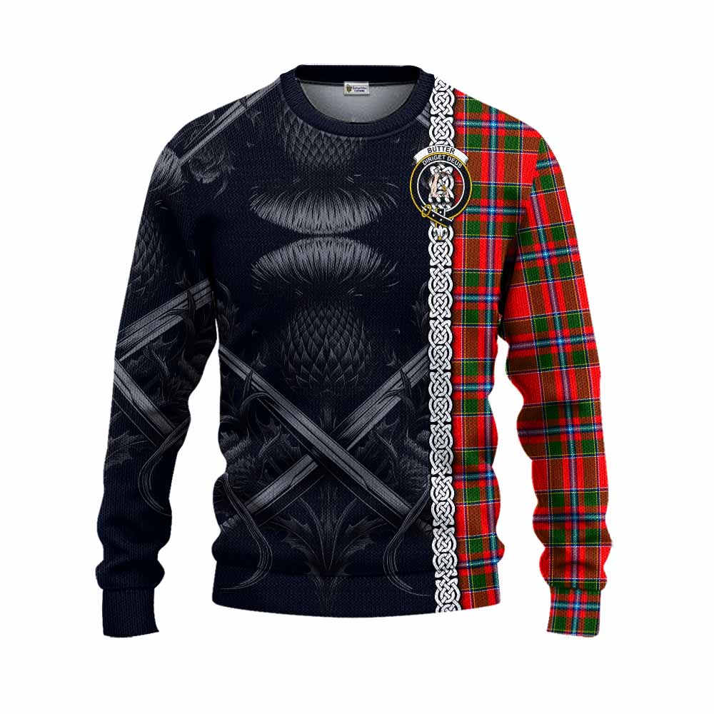 Butter Tartan Knitted Sweater with Family Crest Cross Sword Thistle Celtic Vibes Unisex - Tartan Vibes Clothing