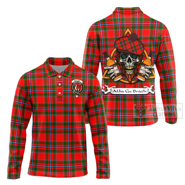 Butter Tartan Long Sleeve Polo Shirt with Family Crest and Bearded Skull Holding Bottles of Whiskey Unisex - Tartan Vibes Clothing