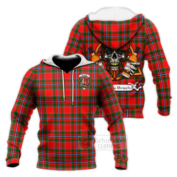 Butter Tartan Knitted Hoodie with Family Crest and Bearded Skull Holding Bottles of Whiskey Unisex Knitted Pullover Hoodie - Tartan Vibes Clothing