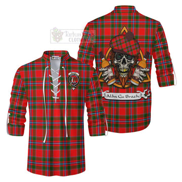 Butter Tartan Ghillie Kilt Shirt with Family Crest and Bearded Skull Holding Bottles of Whiskey Men - Tartan Vibes Clothing