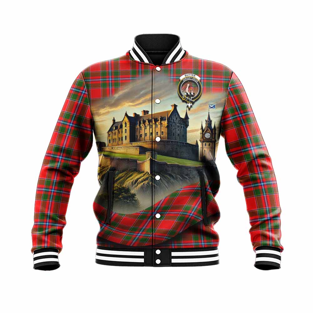 Butter Tartan Family Crest Baseball Jacket with Scottish Ancient Castle Style Unisex - Tartan Vibes Clothing