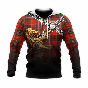 Butter Crest Tartan Knitted Hoodie with Golden Lion Emblem Celtic Style Unisex Knitted Pullover Hoodie - Tartan Vibes Clothing