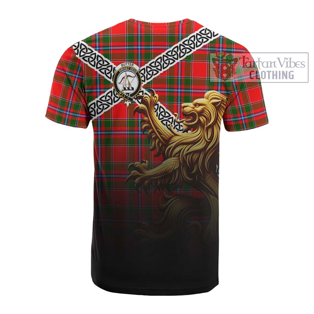 Tartan Vibes Clothing Butter Crest Tartan Cotton T-shirt with Golden Lion Emblem Celtic Style