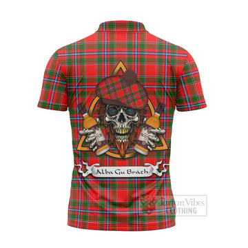 Butter Tartan Zipper Polo Shirt with Family Crest and Bearded Skull Holding Bottles of Whiskey - Tartan Vibes Clothing