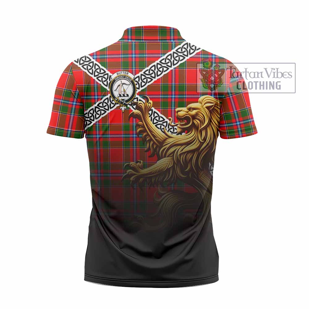 Butter Crest Tartan Zipper Polo Shirt with Golden Lion Emblem Celtic Style - Tartan Vibes Clothing