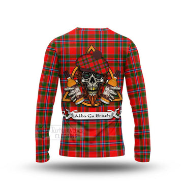 Butter Tartan Long Sleeve T-Shirt with Family Crest and Bearded Skull Holding Bottles of Whiskey - Tartan Vibes Clothing