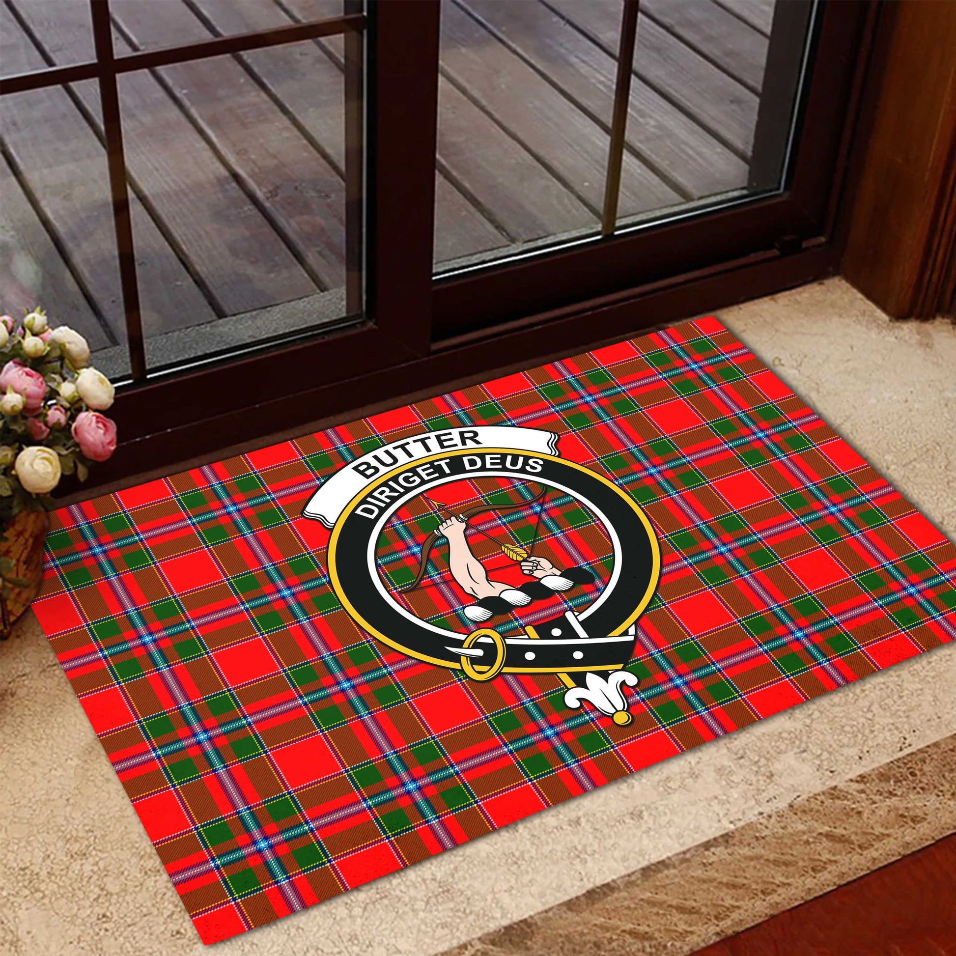 Butter Tartan Door Mat with Family Crest - Tartanvibesclothing