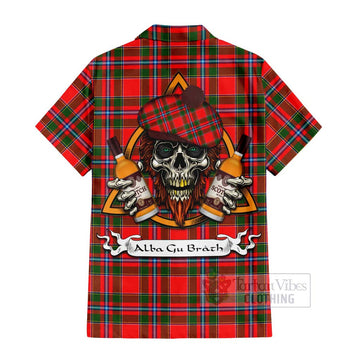 Butter Tartan Hawaiian Shirt with Family Crest and Bearded Skull Holding Bottles of Whiskey - Tartan Vibes Clothing
