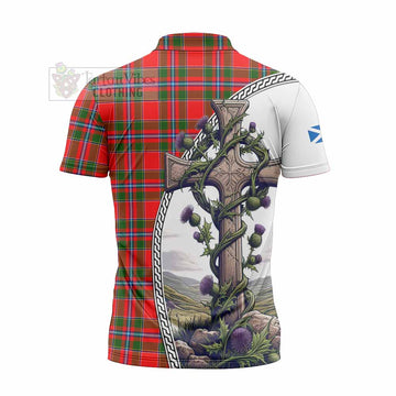 Butter Tartan Zipper Polo Shirt with Family Crest and St. Andrew's Cross Accented by Thistle Vines - Tartan Vibes Clothing
