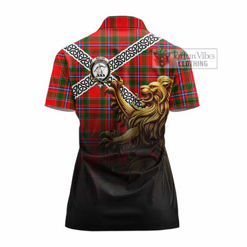 Butter Crest Tartan Women's Polo Shirt with Golden Lion Emblem Celtic Style - Tartan Vibes Clothing