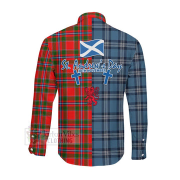Butter Tartan Long Sleeve Button Shirt Happy St. Andrew's Day Half Tartan Style Men's Shirt - Tartan Vibes Clothing