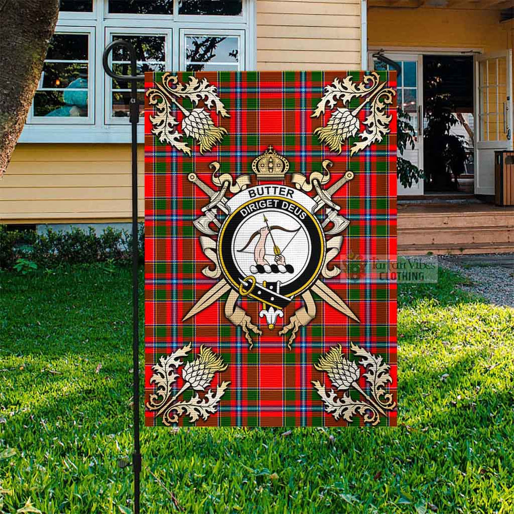 Tartan Vibes Clothing Butter Tartan Flag with Family Crest and Golden Thistle Crossed Sword Design