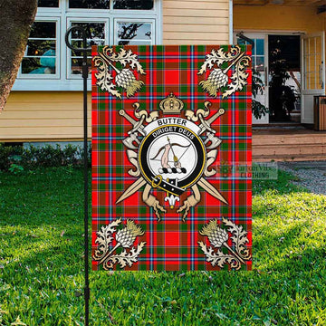 Tartan Vibes Clothing Butter Tartan Flag with Family Crest and Golden Thistle Crossed Sword Design