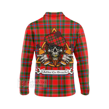 Butter Tartan Long Sleeve Polo Shirt with Family Crest and Bearded Skull Holding Bottles of Whiskey - Tartan Vibes Clothing