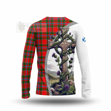 Butter Tartan Long Sleeve T-Shirt with Family Crest and St. Andrew's Cross Accented by Thistle Vines - Tartan Vibes Clothing