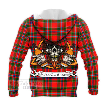 Butter Tartan Knitted Hoodie with Family Crest and Bearded Skull Holding Bottles of Whiskey - Tartan Vibes Clothing
