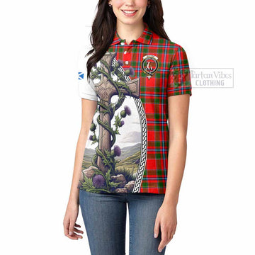 Butter Tartan Women's Polo Shirt with Family Crest and St. Andrew's Cross Accented by Thistle Vines - Tartan Vibes Clothing