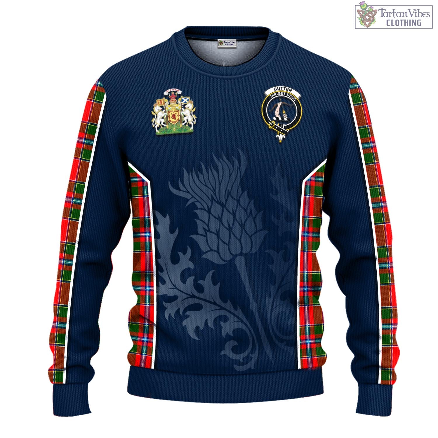 Butter Tartan Knitted Sweatshirt with Family Crest and Scottish Thistle Vibes Sport Style - Tartan Vibes Clothing