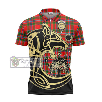 Butter Tartan Zipper Polo Shirt with Family Crest Celtic Wolf Style - Tartan Vibes Clothing