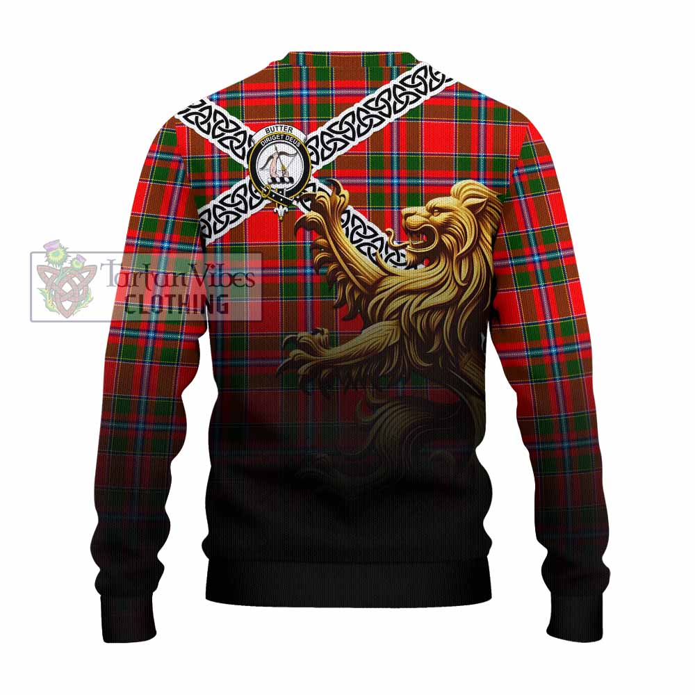 Butter Crest Tartan Knitted Sweater with Golden Lion Emblem Celtic Style - Tartan Vibes Clothing