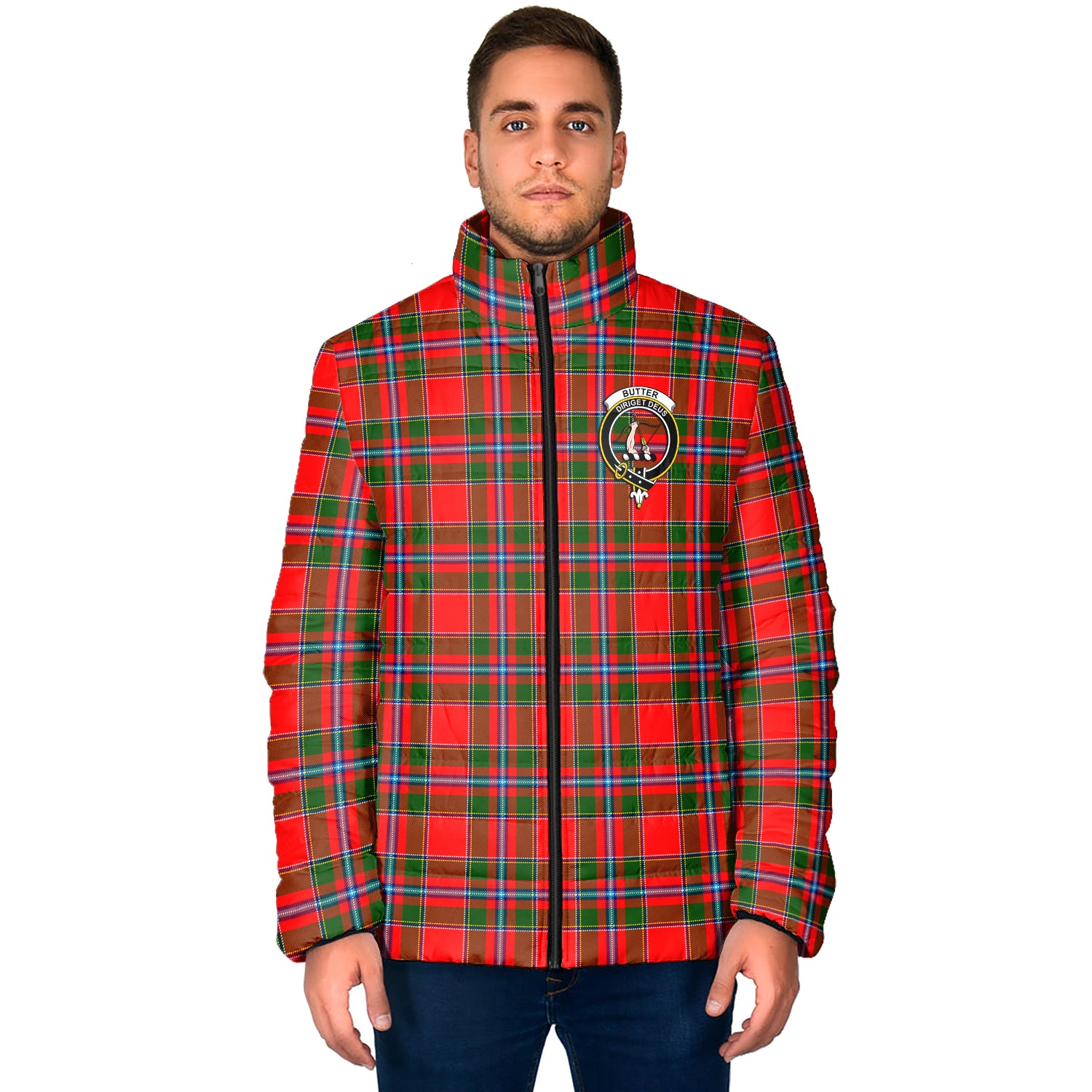 Butter Tartan Padded Jacket with Family Crest - Tartanvibesclothing