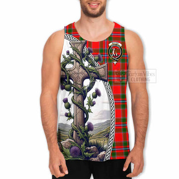 Butter Tartan Men's Tank Top with Family Crest and St. Andrew's Cross Accented by Thistle Vines - Tartan Vibes Clothing