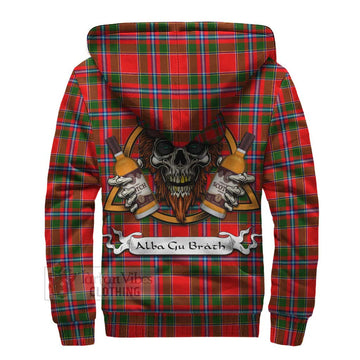 Butter Tartan Sherpa Hoodie with Family Crest and Bearded Skull Holding Bottles of Whiskey - Tartan Vibes Clothing