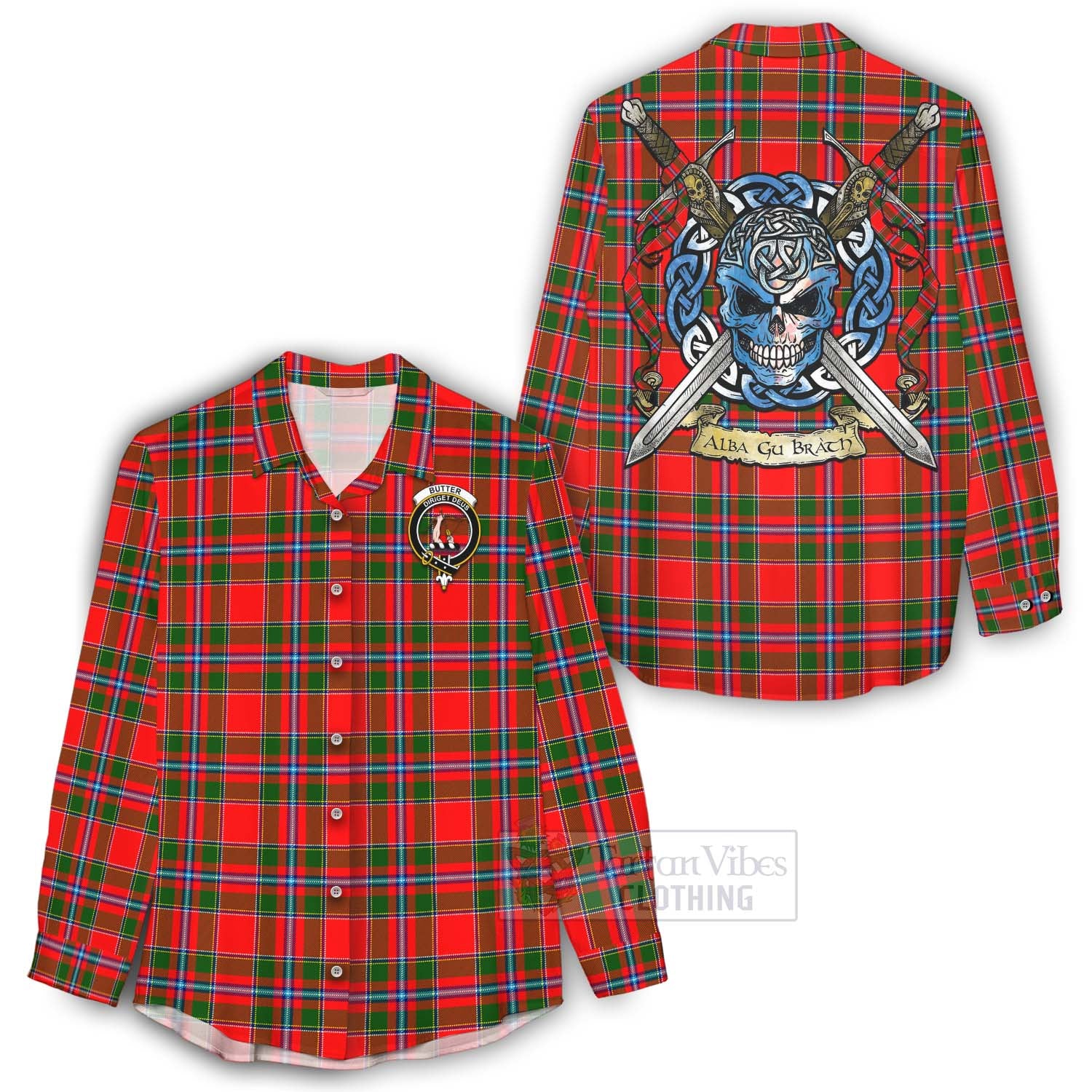 Butter Tartan Women's Casual Shirt with Family Crest Celtic Skull Style - Tartan Vibes Clothing