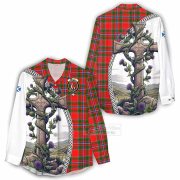 Butter Tartan Women's Casual Shirt with Family Crest and St. Andrew's Cross Accented by Thistle Vines - Tartan Vibes Clothing