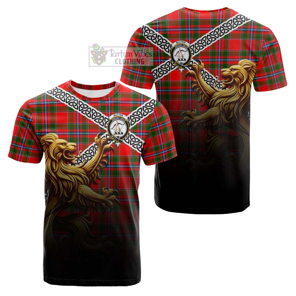 Tartan Vibes Clothing Butter Crest Tartan Cotton T-shirt with Golden Lion Emblem Celtic Style