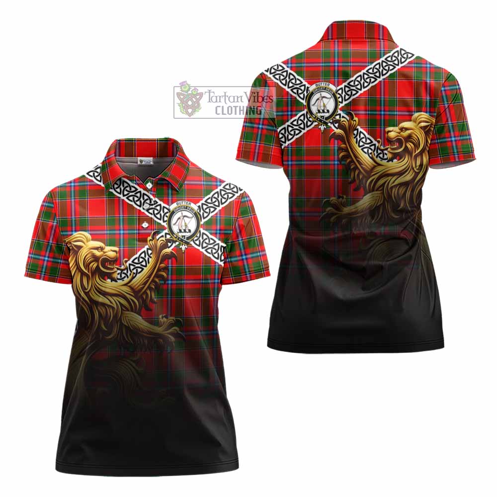 Butter Crest Tartan Women's Polo Shirt with Golden Lion Emblem Celtic Style - Tartan Vibes Clothing