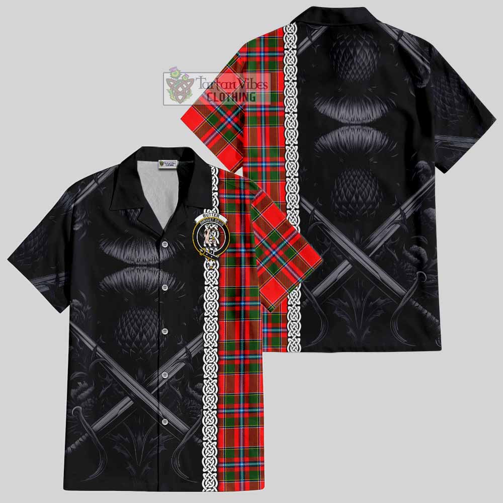Butter Tartan Hawaiian Shirt with Family Crest Cross Sword Thistle Celtic Vibes - Tartan Vibes Clothing