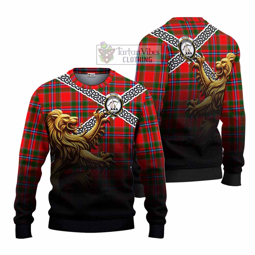 Butter Crest Tartan Knitted Sweater with Golden Lion Emblem Celtic Style - Tartan Vibes Clothing